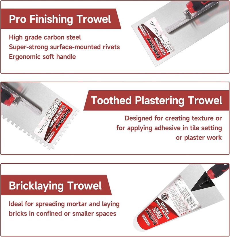 CRAFTZONE 4 Pieces Concrete & Trowel Masonry Set - High Carbon Steel Plastering | Bricklaying Tools for Drywall Asphalt - Includes Flat & Notched Trowels & 7"/9" Brick Trowels with Soft Grip Handle - Image 3